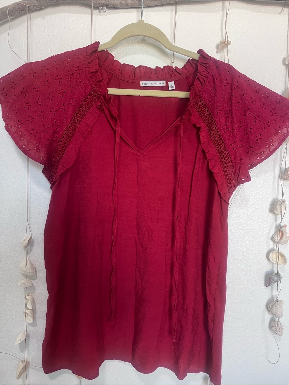 ⁠Notations Burgundy Eyelet Flutter Sleeve Tie Neck Blouse Size L⁠